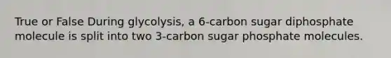 True or False During glycolysis, a 6-carbon sugar diphosphate molecule is split into two 3-carbon sugar phosphate molecules.