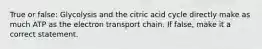 True or false: Glycolysis and the citric acid cycle directly make as much ATP as the electron transport chain. If false, make it a correct statement.