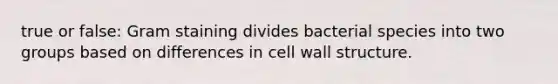 true or false: Gram staining divides bacterial species into two groups based on differences in cell wall structure.