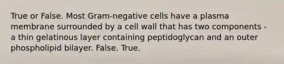 True or False. Most Gram-negative cells have a plasma membrane surrounded by a cell wall that has two components - a thin gelatinous layer containing peptidoglycan and an outer phospholipid bilayer. False. True.