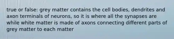 true or false: grey matter contains the cell bodies, dendrites and axon terminals of neurons, so it is where all the synapses are while white matter is made of axons connecting different parts of grey matter to each matter