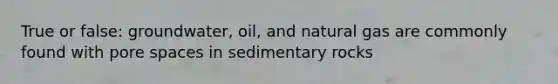 True or false: groundwater, oil, and natural gas are commonly found with pore spaces in sedimentary rocks