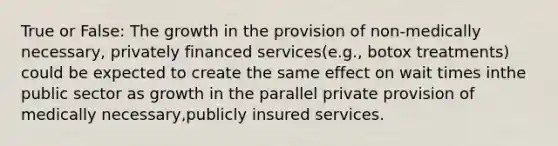 True or False: The growth in the provision of non-medically necessary, privately financed services(e.g., botox treatments) could be expected to create the same effect on wait times inthe public sector as growth in the parallel private provision of medically necessary,publicly insured services.