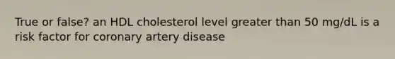 True or false? an HDL cholesterol level greater than 50 mg/dL is a risk factor for coronary artery disease