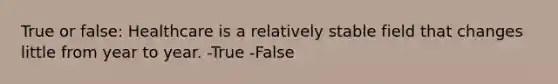 True or false: Healthcare is a relatively stable field that changes little from year to year. -True -False