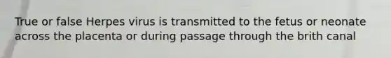 True or false Herpes virus is transmitted to the fetus or neonate across the placenta or during passage through the brith canal