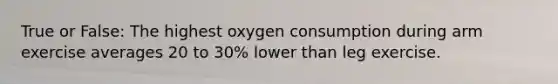 True or False: The highest oxygen consumption during arm exercise averages 20 to 30% lower than leg exercise.