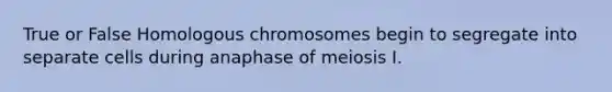 True or False Homologous chromosomes begin to segregate into separate cells during anaphase of meiosis I.