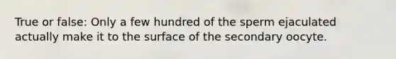 True or false: Only a few hundred of the sperm ejaculated actually make it to the surface of the secondary oocyte.