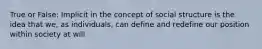 True or False: Implicit in the concept of social structure is the idea that we, as individuals, can define and redefine our position within society at will