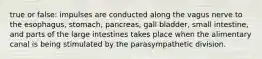 true or false: impulses are conducted along the vagus nerve to the esophagus, stomach, pancreas, gall bladder, small intestine, and parts of the large intestines takes place when the alimentary canal is being stimulated by the parasympathetic division.