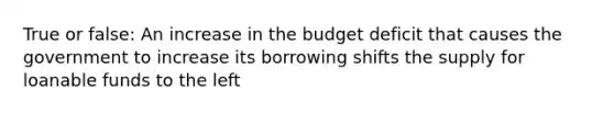 True or false: An increase in the budget deficit that causes the government to increase its borrowing shifts the supply for loanable funds to the left