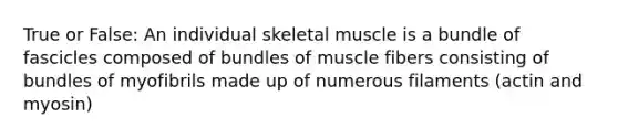 True or False: An individual skeletal muscle is a bundle of fascicles composed of bundles of muscle fibers consisting of bundles of myofibrils made up of numerous filaments (actin and myosin)