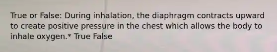 True or False: During inhalation, the diaphragm contracts upward to create positive pressure in the chest which allows the body to inhale oxygen.* True False