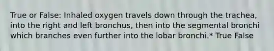 True or False: Inhaled oxygen travels down through the trachea, into the right and left bronchus, then into the segmental bronchi which branches even further into the lobar bronchi.* True False