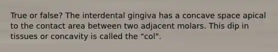 True or false? The interdental gingiva has a concave space apical to the contact area between two adjacent molars. This dip in tissues or concavity is called the "col".