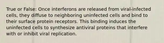 True or False: Once interferons are released from viral-infected cells, they diffuse to neighboring uninfected cells and bind to their surface protein receptors. This binding induces the uninfected cells to synthesize antiviral proteins that interfere with or inhibit viral replication. ​