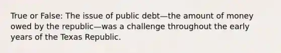 True or False: The issue of public debt—the amount of money owed by the republic—was a challenge throughout the early years of the Texas Republic.