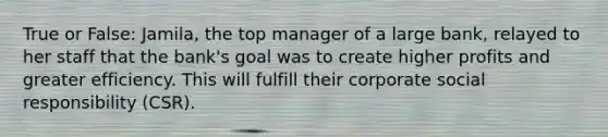 True or False: Jamila, the top manager of a large bank, relayed to her staff that the bank's goal was to create higher profits and greater efficiency. This will fulfill their corporate social responsibility (CSR).