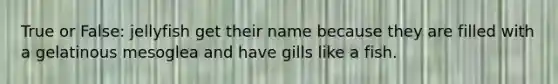 True or False: jellyfish get their name because they are filled with a gelatinous mesoglea and have gills like a fish.