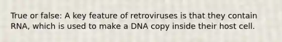 True or false: A key feature of retroviruses is that they contain RNA, which is used to make a DNA copy inside their host cell.