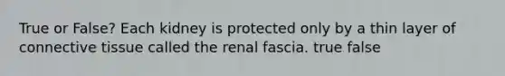 True or False? Each kidney is protected only by a thin layer of connective tissue called the renal fascia. true false