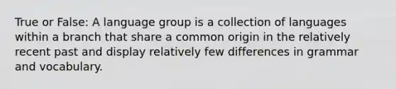 True or False: A language group is a collection of languages within a branch that share a common origin in the relatively recent past and display relatively few differences in grammar and vocabulary.