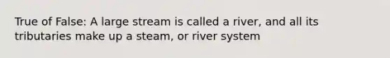 True of False: A large stream is called a river, and all its tributaries make up a steam, or river system