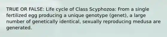 TRUE OR FALSE: Life cycle of Class Scyphozoa: From a single fertilized egg producing a unique genotype (genet), a large number of genetically identical, sexually reproducing medusa are generated.