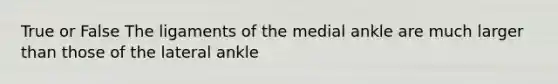 True or False The ligaments of the medial ankle are much larger than those of the lateral ankle