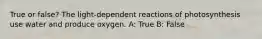 True or false? The light-dependent reactions of photosynthesis use water and produce oxygen. A: True B: False