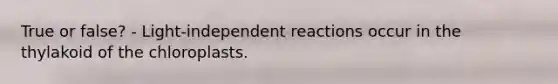 True or false? - Light-independent reactions occur in the thylakoid of the chloroplasts.