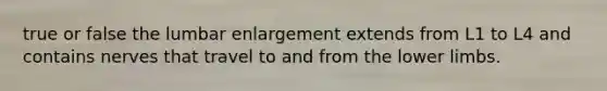 true or false the lumbar enlargement extends from L1 to L4 and contains nerves that travel to and from the lower limbs.