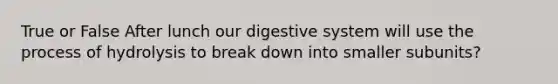 True or False After lunch our digestive system will use the process of hydrolysis to break down into smaller subunits?