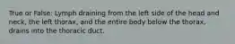 True or False: Lymph draining from the left side of the head and neck, the left thorax, and the entire body below the thorax, drains into the thoracic duct.