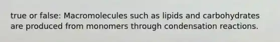 true or false: Macromolecules such as lipids and carbohydrates are produced from monomers through condensation reactions.