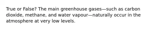 True or False? The main greenhouse gases—such as carbon dioxide, methane, and water vapour—naturally occur in the atmosphere at very low levels.