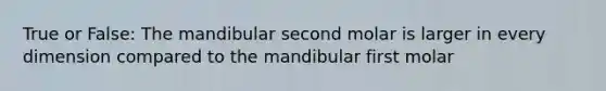 True or False: The mandibular second molar is larger in every dimension compared to the mandibular first molar