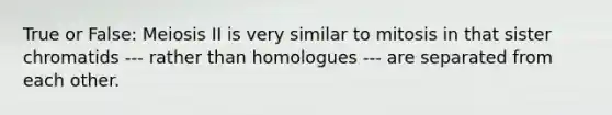 True or False: Meiosis II is very similar to mitosis in that sister chromatids --- rather than homologues --- are separated from each other.