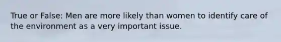 True or False: Men are more likely than women to identify care of the environment as a very important issue.