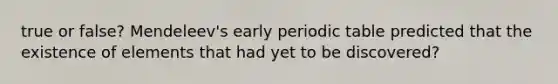 true or false? Mendeleev's early periodic table predicted that the existence of elements that had yet to be discovered?