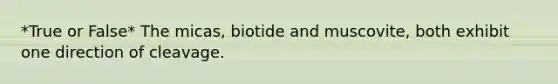 *True or False* The micas, biotide and muscovite, both exhibit one direction of cleavage.