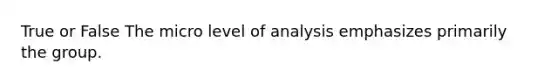 True or False The micro level of analysis emphasizes primarily the group.