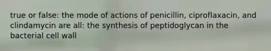 true or false: the mode of actions of penicillin, ciproflaxacin, and clindamycin are all: the synthesis of peptidoglycan in the bacterial cell wall