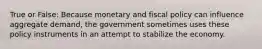 True or False: Because monetary and fiscal policy can influence aggregate demand, the government sometimes uses these policy instruments in an attempt to stabilize the economy.