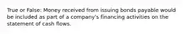 True or False: Money received from issuing bonds payable would be included as part of a company's financing activities on the statement of cash flows.