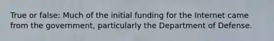 True or false: Much of the initial funding for the Internet came from the government, particularly the Department of Defense.