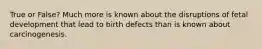 True or False? Much more is known about the disruptions of fetal development that lead to birth defects than is known about carcinogenesis.