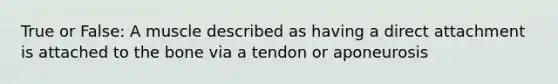 True or False: A muscle described as having a direct attachment is attached to the bone via a tendon or aponeurosis