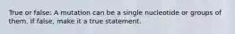 True or false: A mutation can be a single nucleotide or groups of them. If false, make it a true statement.